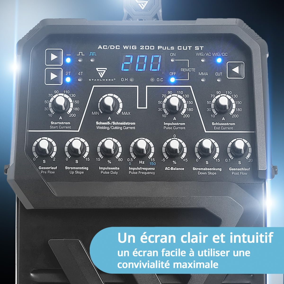 STAHLWERK Poste à souder combiné 3-en-1 AC/DC TIG 200 Puls CUT ST – TIG & MMA (ARC) jusqu'à 200 A, Découpe plasma jusqu’à 45 A et épaisseur de coupe jusqu’à 12 mm, acier inoxydable, cuivre, alu titane