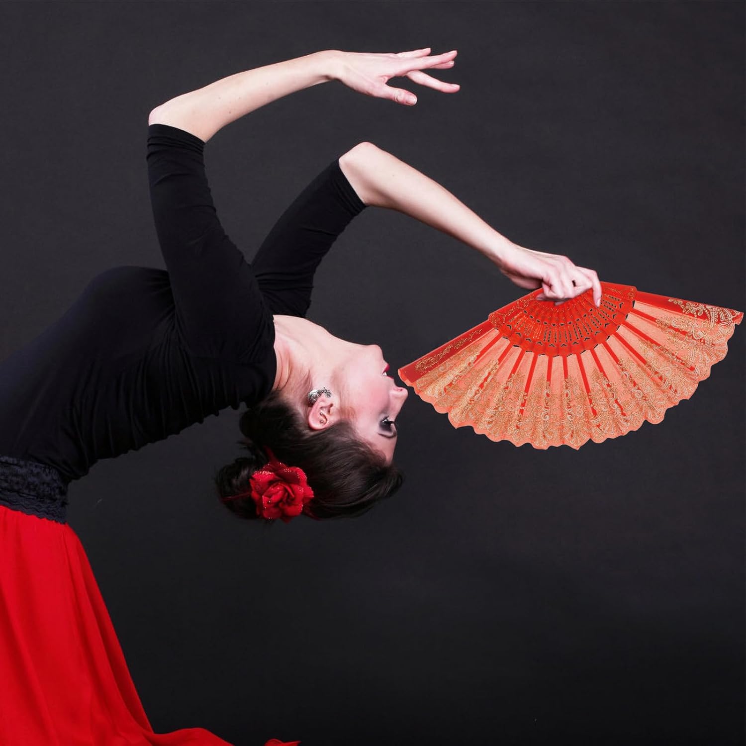 10pcs Lace Folding Fans Handheld Hand Fans Portable for Women Wedding Tea Party Favor Dress up Costume Dancing Party Red