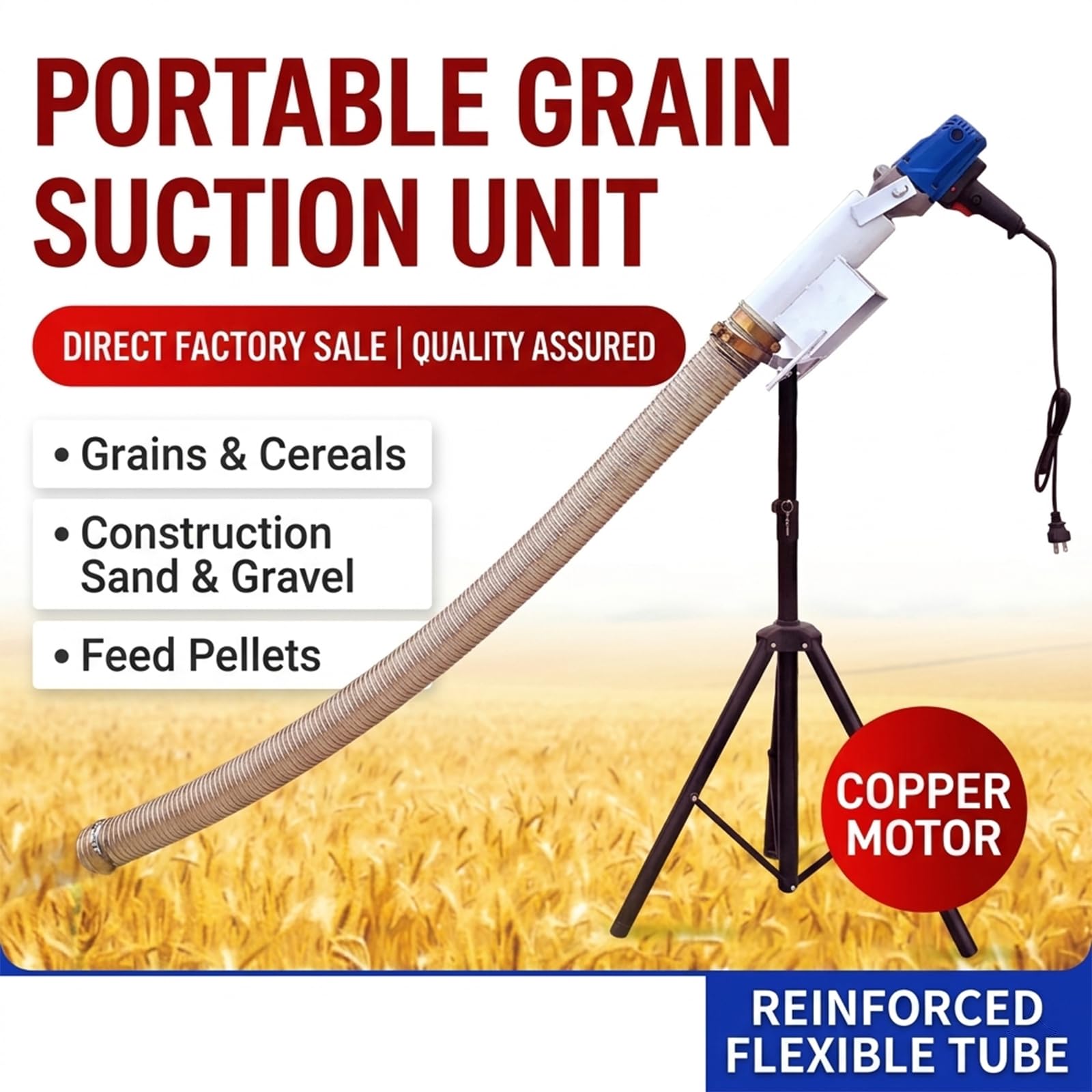 Convoyeur à vis industriel, machine d'aspiration de grain portable, grand extracteur de grains de vers domestique, avec support, longueur de 5 m pour un mouvement facile du matériau