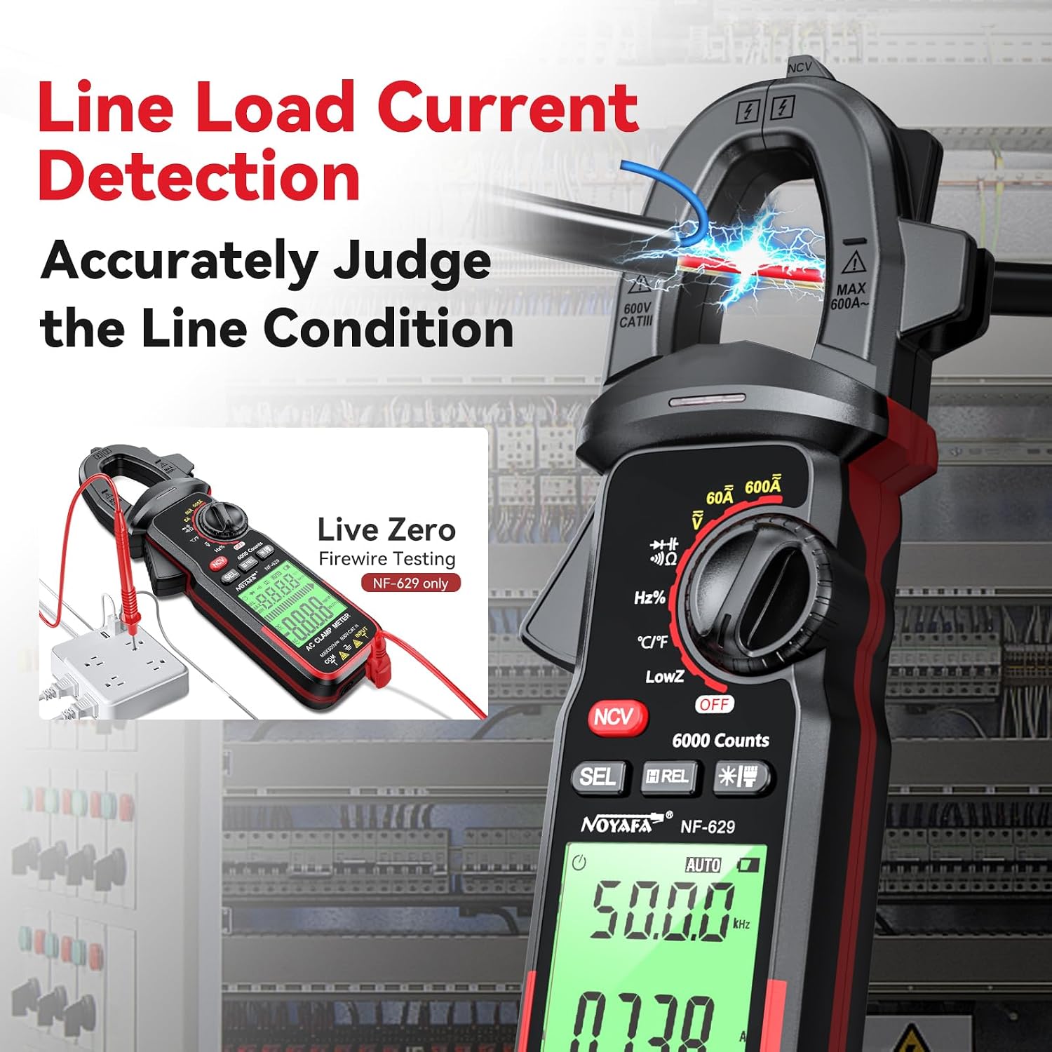 NOYAFA Digital Clamp Meter Multimeter 6000 Counts TRMS, Clamp Multimeter Tester for 600V AC/DC Voltage, High AC Current, Capacitance, Diode Test, Continuity Test, Temperature, Frequency Duty Cycle