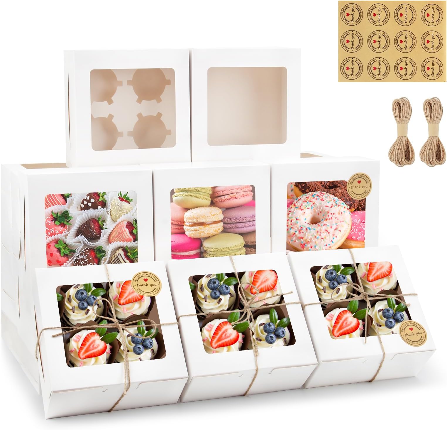 50 PCS Cupcake Boxes with Window & Insert 6x6x3 Inch Kraft Cookie Containers 4 Cavity Bakery Pastry Cake Dessert Treat Boxes for Packaging, Cookie Boxes with Stickers & Jute Twine（White）