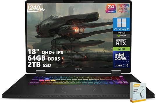 msi Crosshair 18 HX AI Gaming Laptop | 18" QHD+ IPS 240Hz | Intel Core Ultra 9 275HX | 64GB DDR5 2TB SSD | GeForce RTX 5070 Up to 798 AI Tops | RGB Backlit Thunderbolt 4 Win11 Pro w/DLCA Accessory