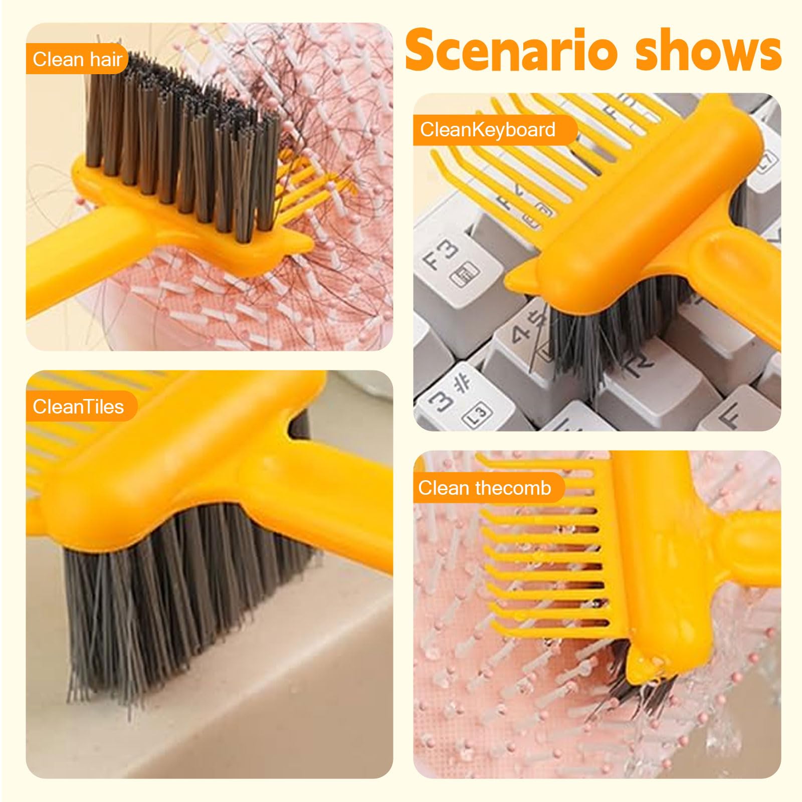 2 en 1 Herramienta de Limpieza de cepillos para el Cabello, Mini rascador Limpiador con púas y cerdas, Elimina Cabello y Polvo de peines para hogar y salón (Amarillo)