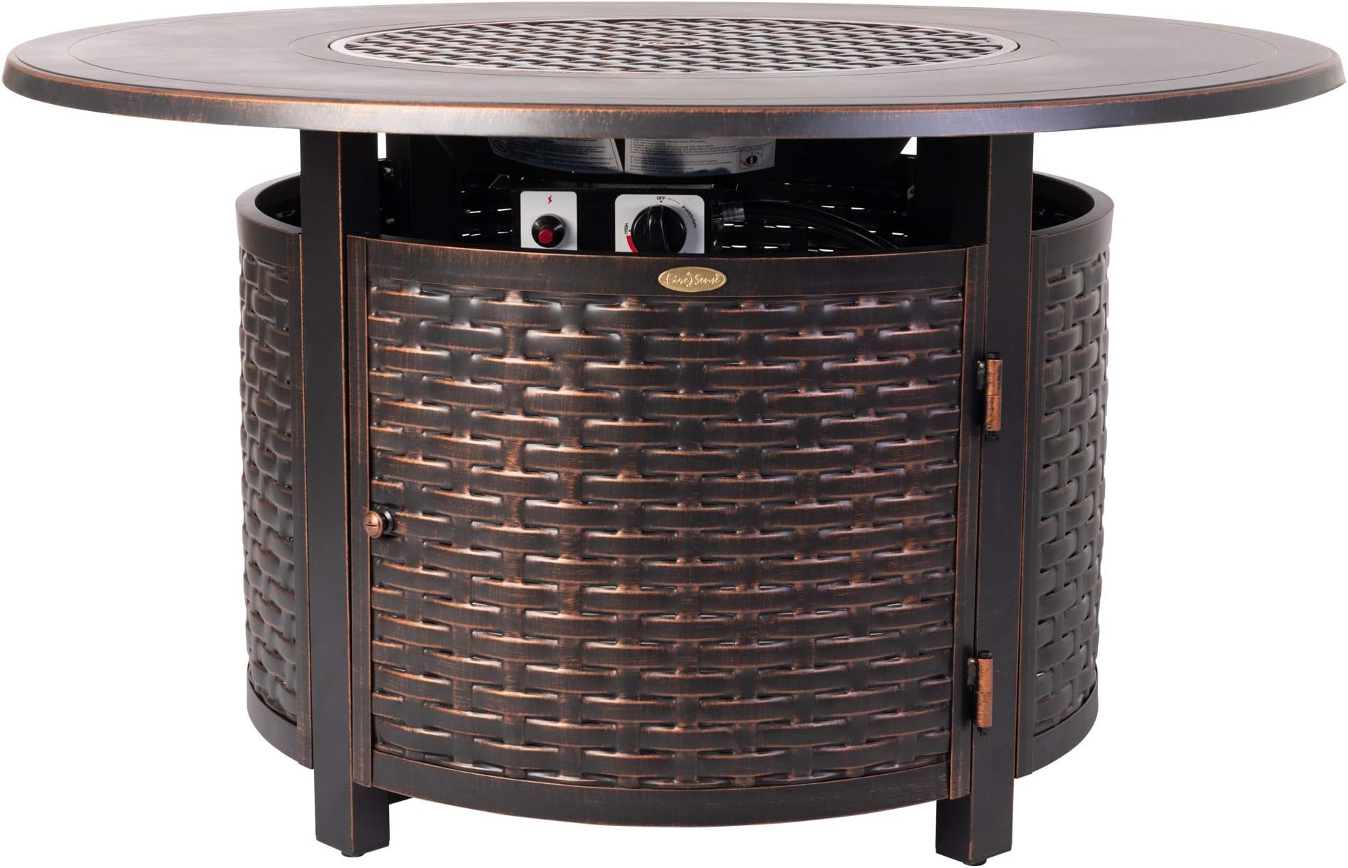 Fire Sense 62373 Florence Woven Aluminum Convertible Gas Fire Pit Table 55,000 BTU Multi-Functional Outdoor with Fire Bowl Lid, Nylon Weather Cover & Clear Fire Glass - Bronze Finish - Round - 44"