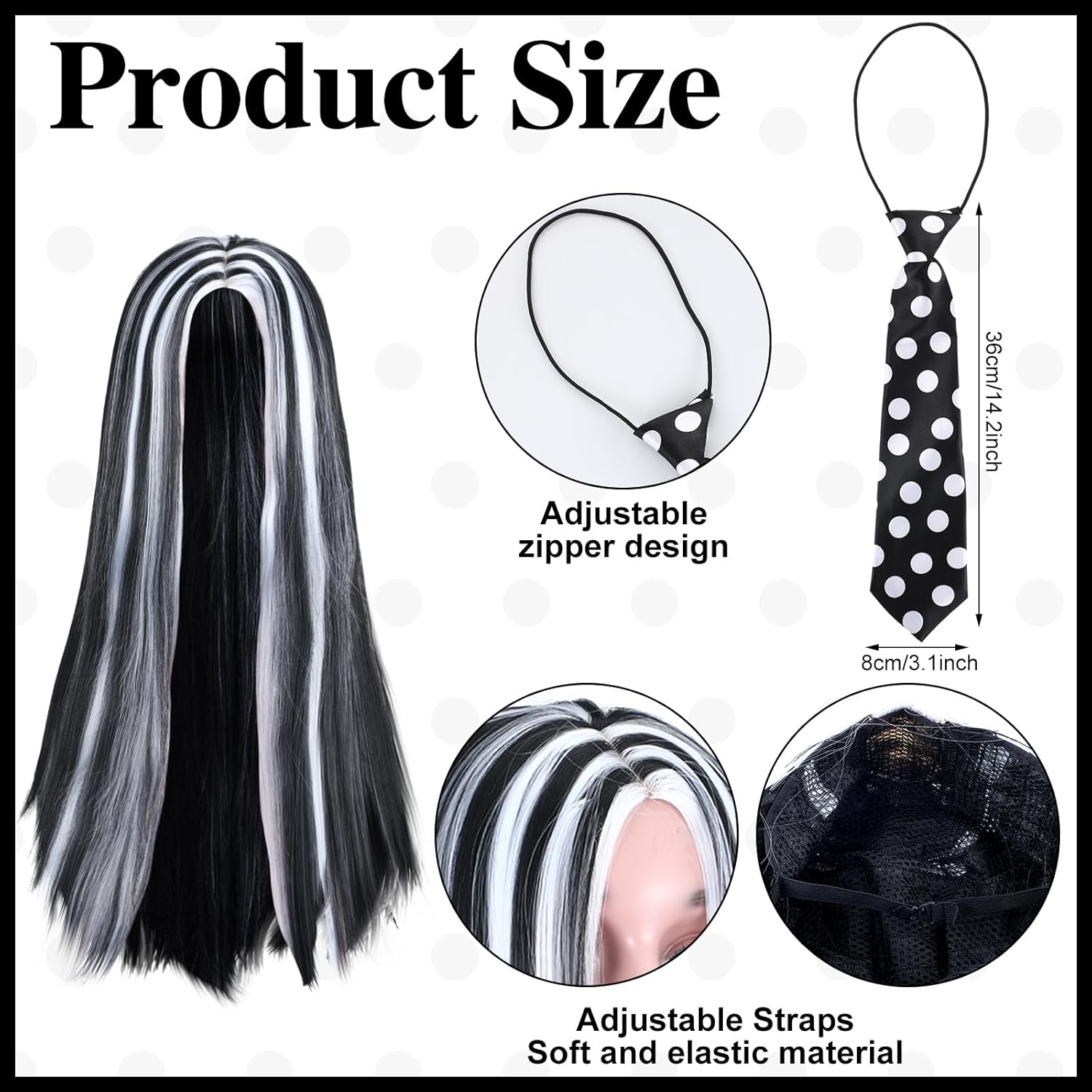 Newcotte 5 Pcs Halloween Girl Costume Set for Women Include Black and White Wig, Adjustable Necktie, Belt, High Knee High Socks, Fingerless Gloves for Adult Halloween Cosplay Party