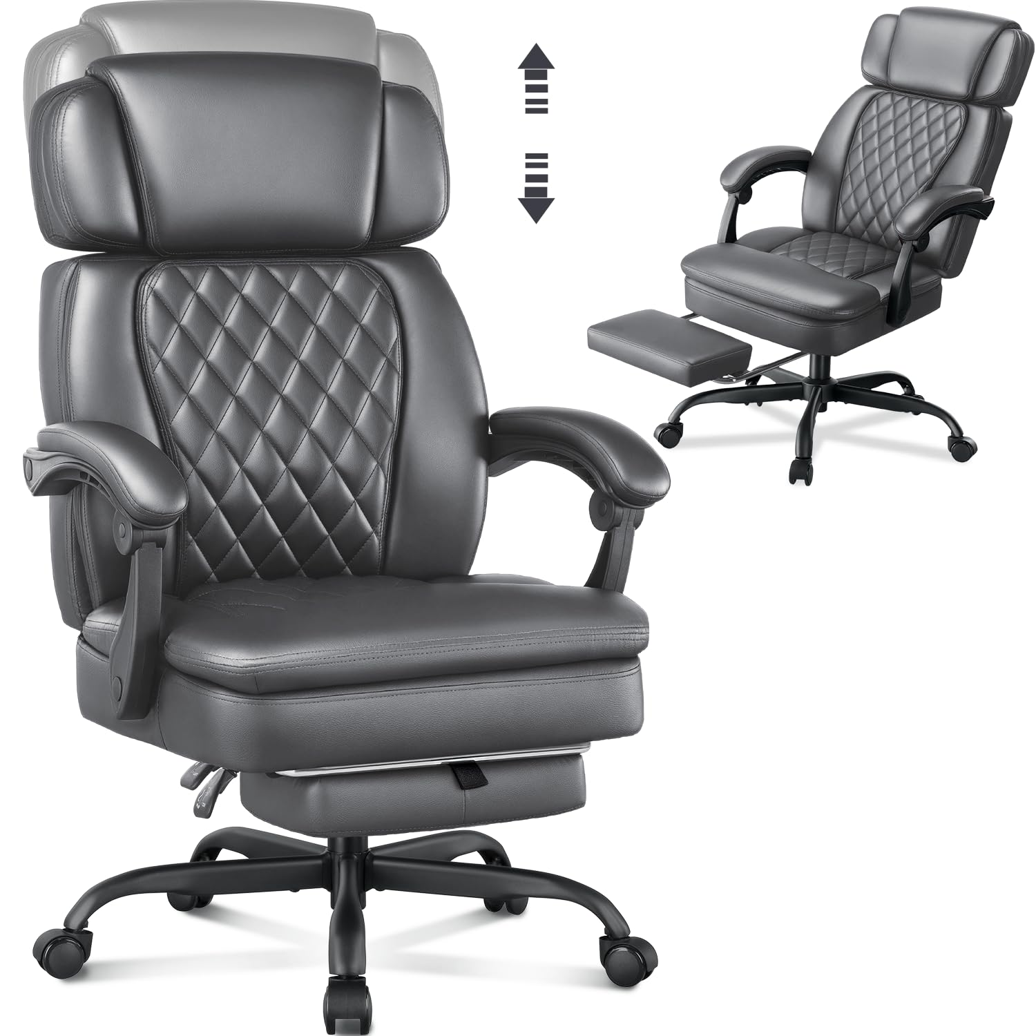 400lbs Executive Office Chair with Foot Rest for Heavy People, Ergonomic Big and Tall Desk Chair with Adjustable Headrest, High Back PU Leather Comfy Heavy Duty Computer Chair with Spring Cushion