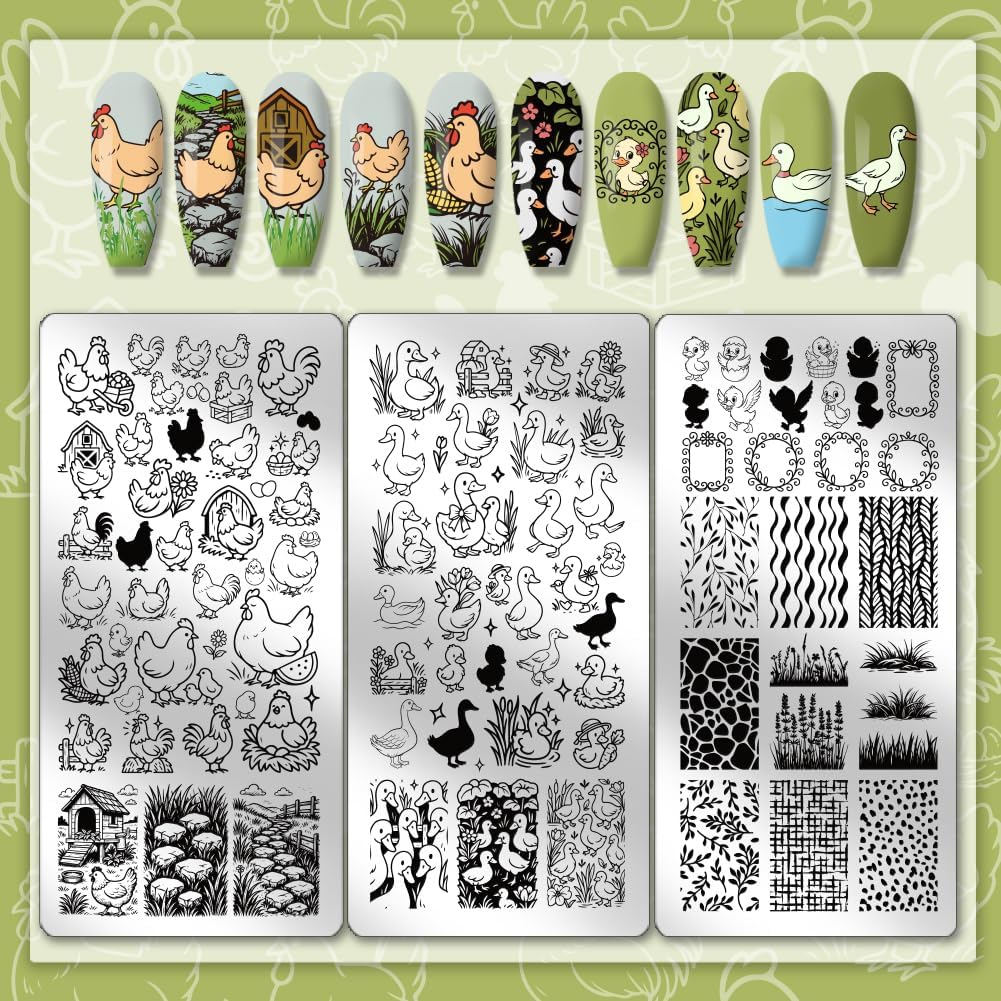 PH PandaHall 3pcs Chickens Ducks Nail Stamp Plate Farm Theme Print Art Template Stainless Steel Nail Image Plate Farm Animals Nails Stencils for Women Manicure Salon 4.7x2.3 inch