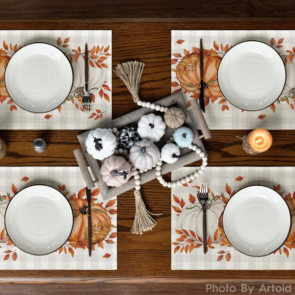Artoid Mode Beige Pumpkins Leaves Fall Placemats Set of 4-12 x 18 Inch image 3