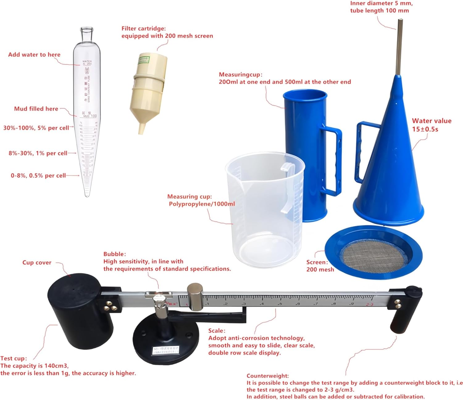 Mud Tester Kit - Hydrometer, Sand Content Meter, Slurry Viscometer, Portable Testing Machine Set with Marsh Funnel & Viscosity Cup for Laboratory Use