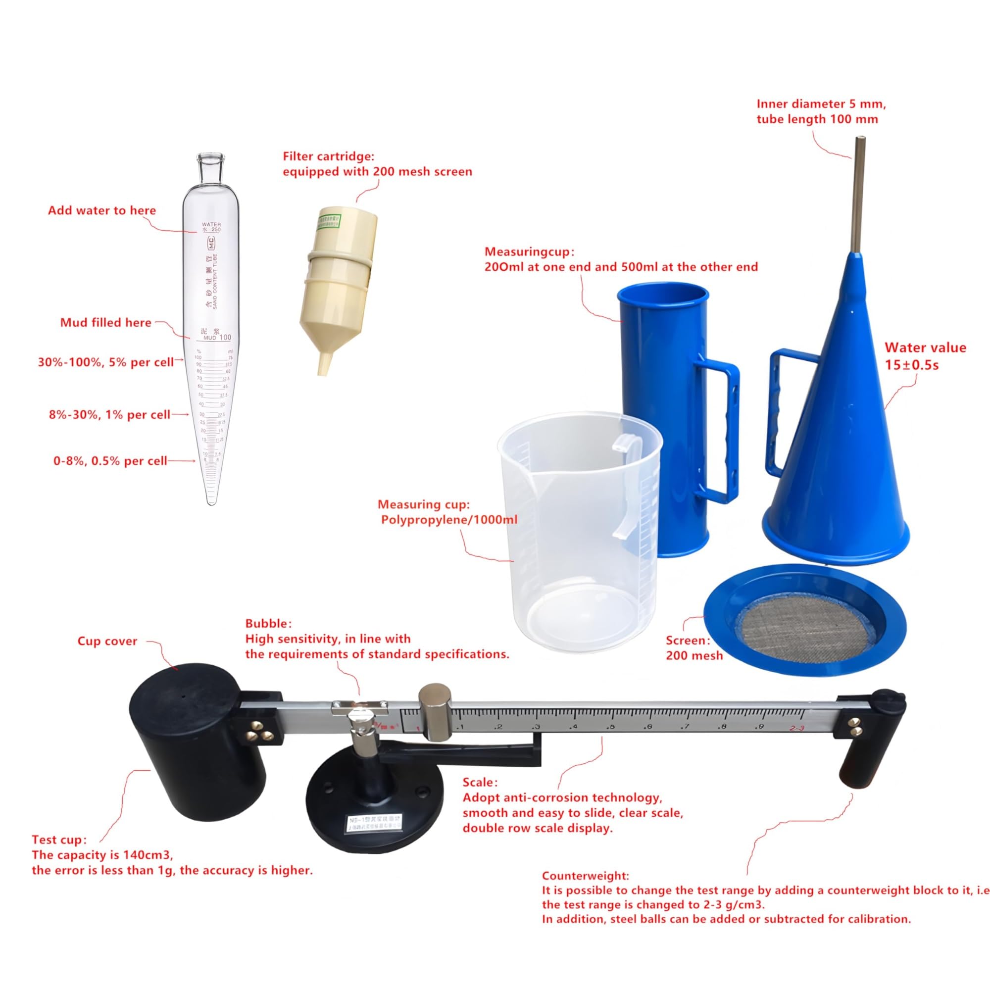 Tragbares Schlammprüfset – Hydrometer, Sandmessgerät, Schlammviskosimeter mit Marsh-Trichter und Viskositätsbecher – Unverzichtbares Werkzeug für die Flüssigkeitsmessung in Laboren