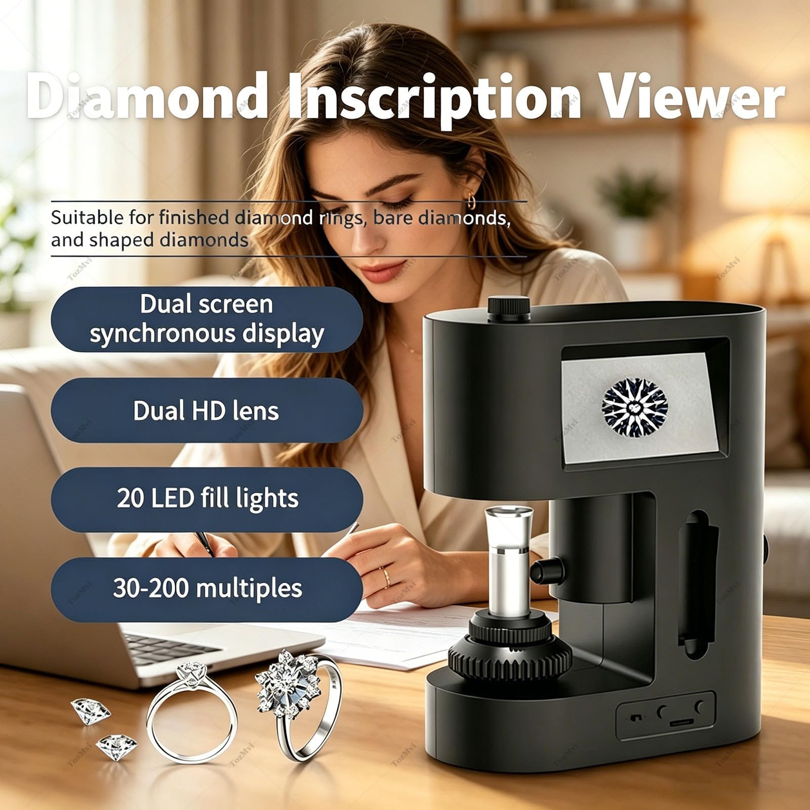 Microscopio Digitale per La Visualizzazione di Iscrizioni su Diamanti, Ingrandimento 30-200x, con Doppio Schermo LCD E Luce LED, Ideale per Test su Diamanti E Ispezione Tessile