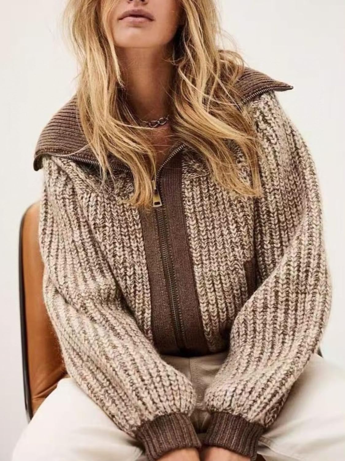 Women Brown Puff Long Sleeve Ribbed Collar Zipper Fitted Waist Cardigan Sweaters