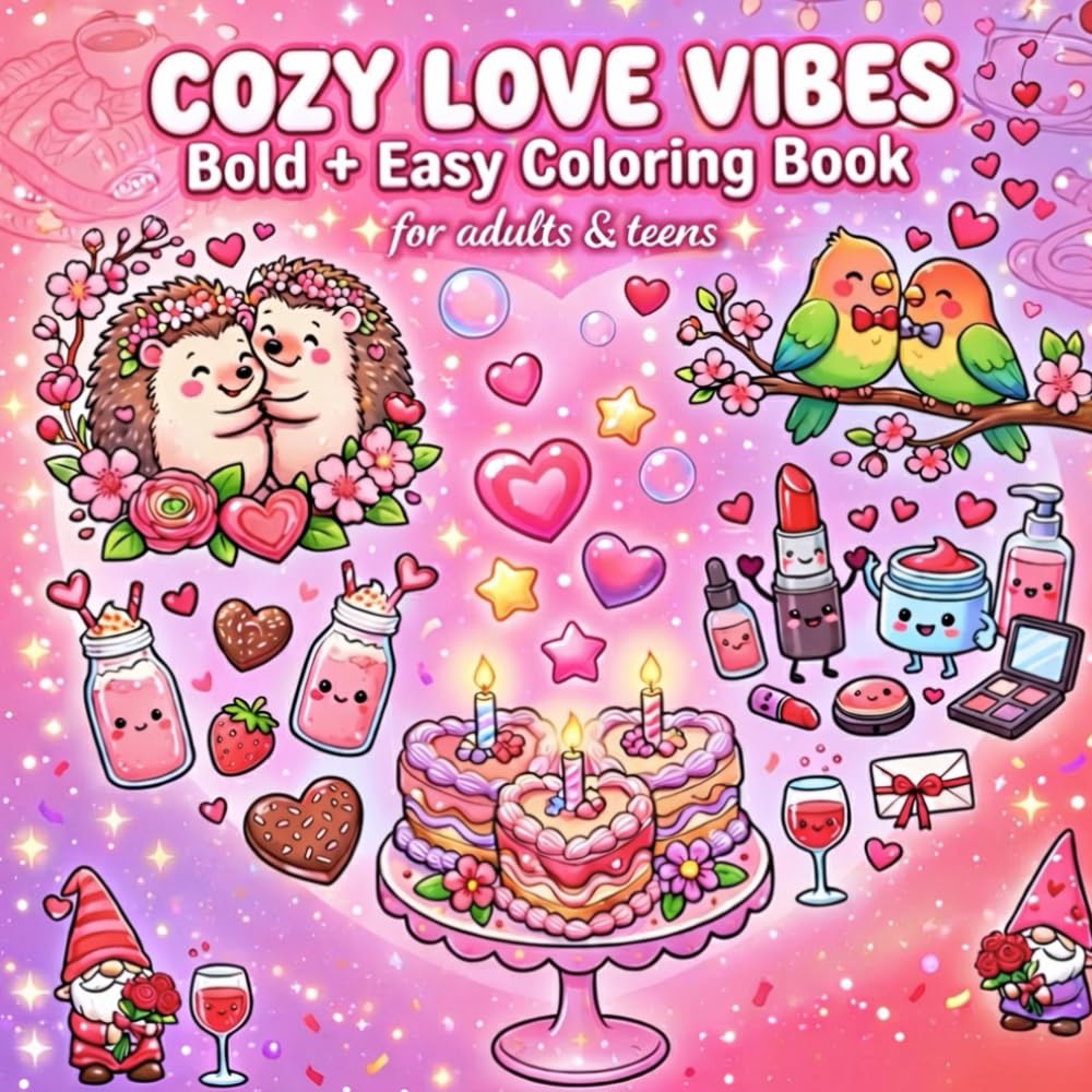 Cozy Love Vibes: 40 Adorable Animal & Cosmetic Designs | Bold & Easy Coloring Book for Adults and Teens