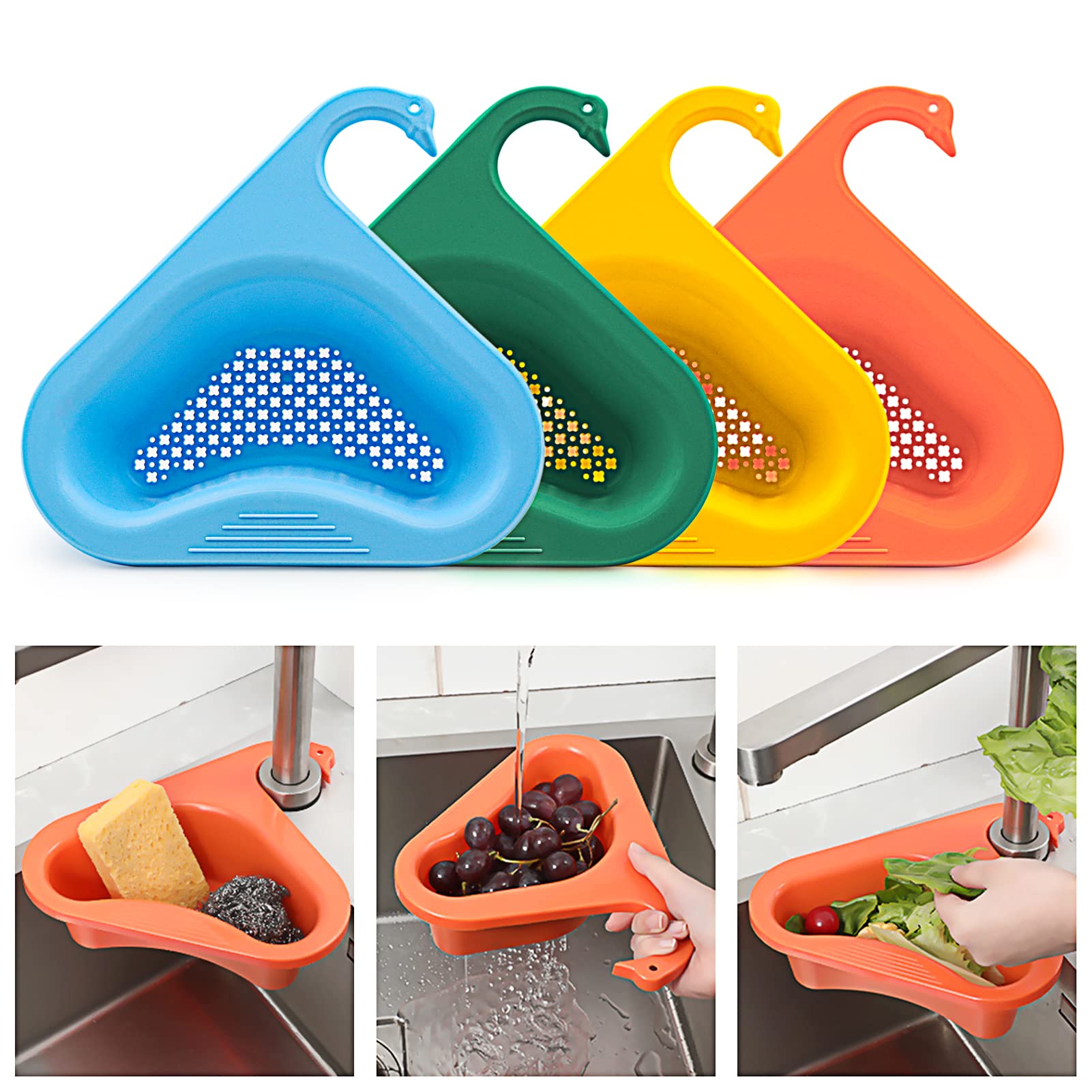 Swan Drain Basket Cestello Per Lavello A Forma Di Cigno (2 Pezzi) - Filtro Triangolare Con Spugna, Per Angolo Cucina, Adatto A Tutti I Lavandini, Blu