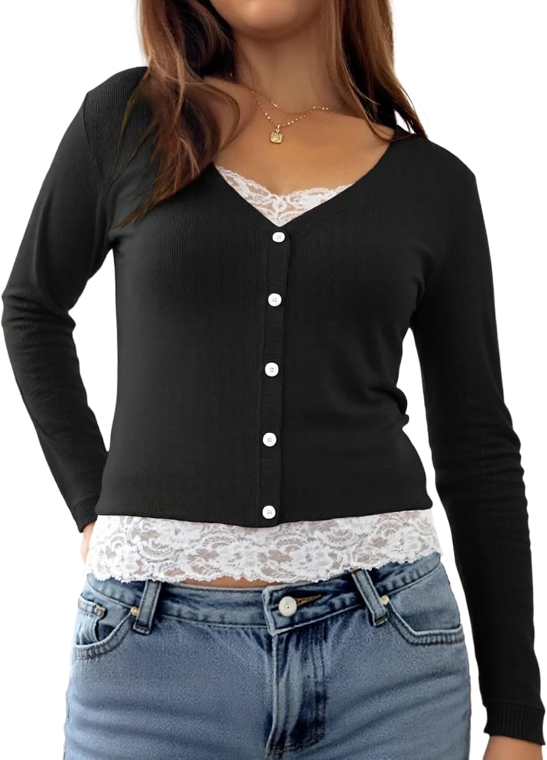 Womens Lace Long Sleeve Top Paneled Henley Shirts Y2k 2000s Fitted Going Out Tops Blouse