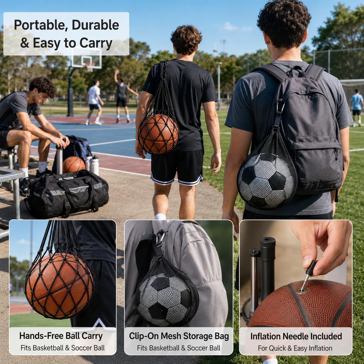 Bolsas de Red para Balones con Cordón y Gancho, Mochilas Portátiles para Baloncesto, Fútbol, Voleibol y Rugby, con Aguja de Inflado