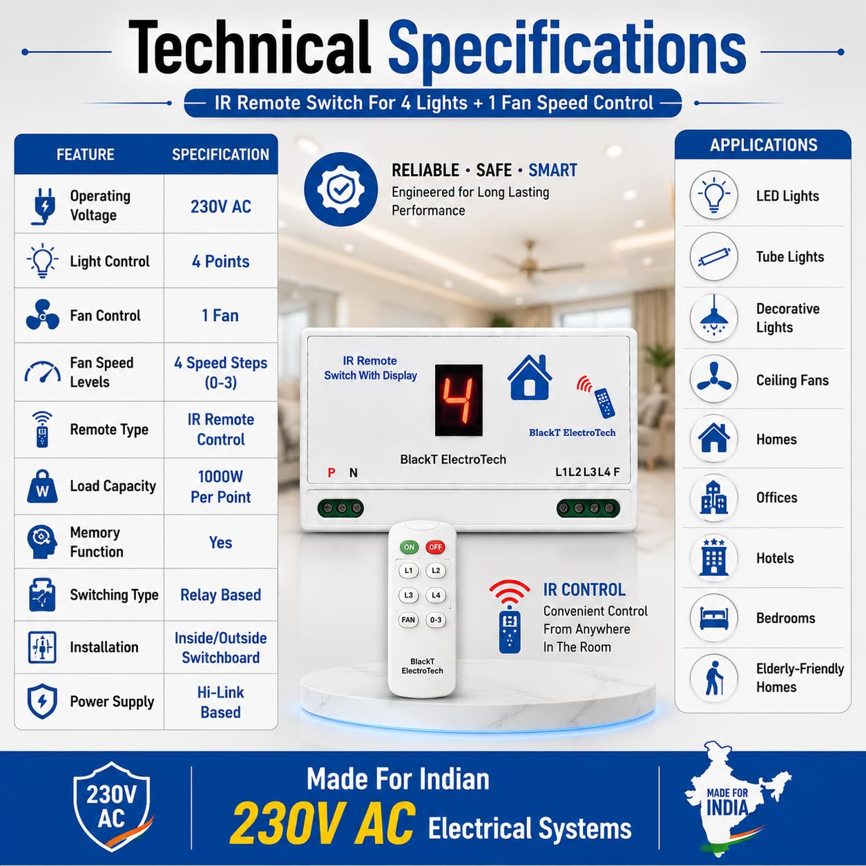Blackt Electrotech Wireless Remote Control Switch System For 4 Lights & 1 Fan With Speed Regulation/Dimmer Humming Less 3