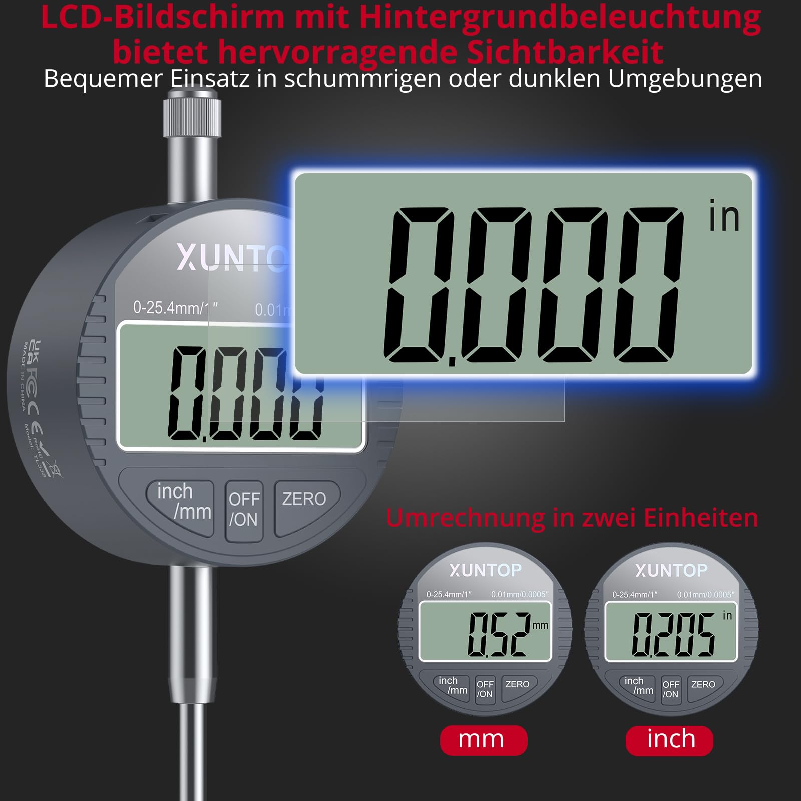 XUNTOP Digitale Messuhr mit Magnetfuß Präzisionsmessung 0,01 mm,132lbs/60kg Auto-Nullfunktion, 0-25,4 mm Messbereich, Ideal für Werkstatt, Maschinenbau und Automobilgebrauch