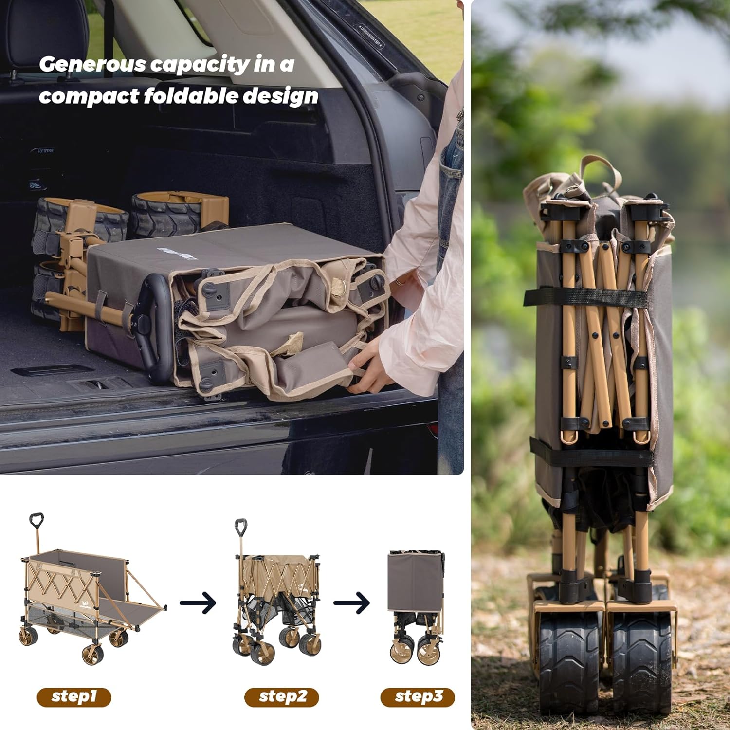 Whitsunday Double Decker Wagon, Heavy Duty Foldable Large Beach Wagon Cart with All-Terrain Big Wheels for Sports,Camping,Outdoor Khaki