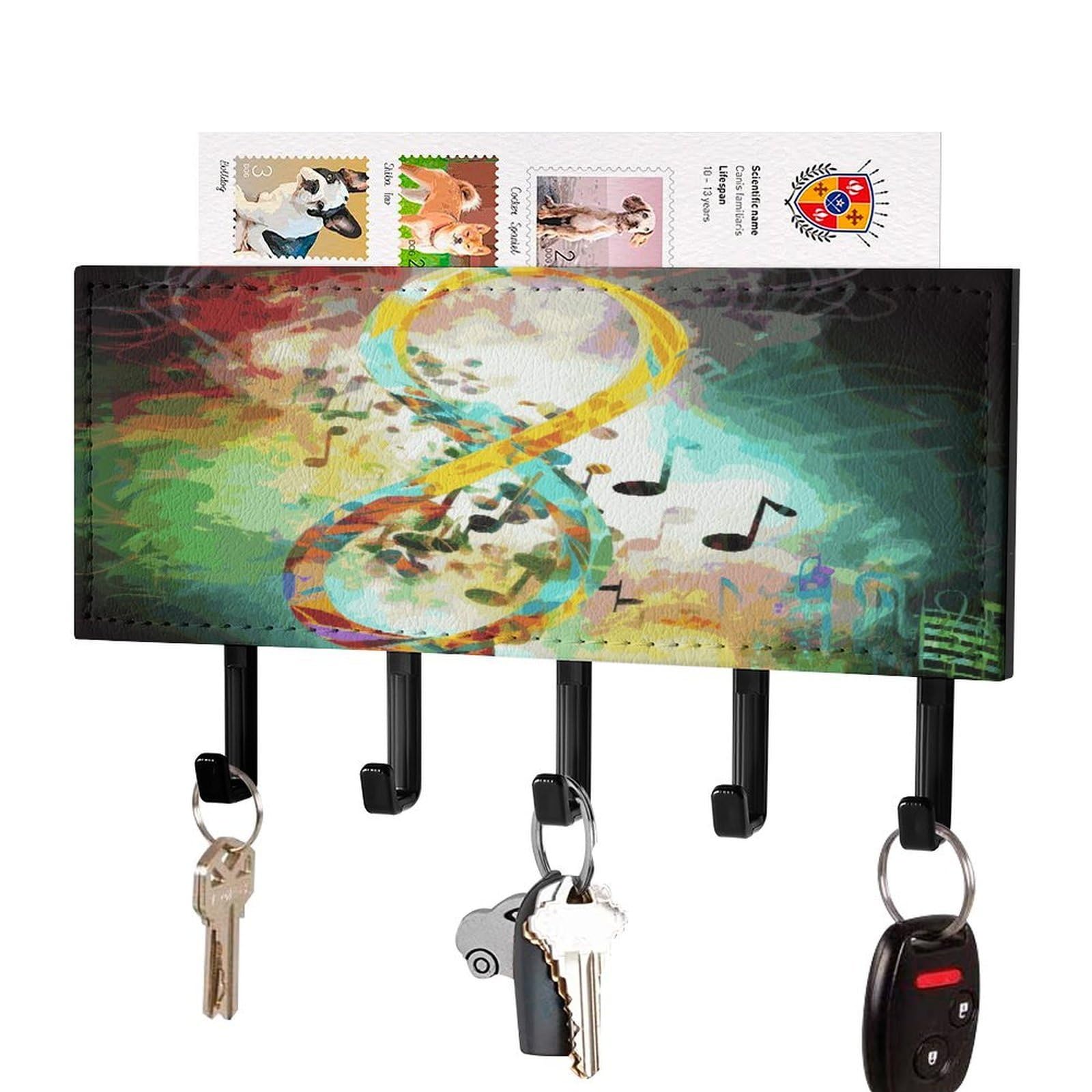 Vstadank Black-Style Abstract Music Symbol Key Holder For Wall Mount With 5 Hooks Decorative Key And Mail Holder Farmhouse Wall Hooks With Shelf Pu Leather Key Rack With Mail Holders For Entryway Home