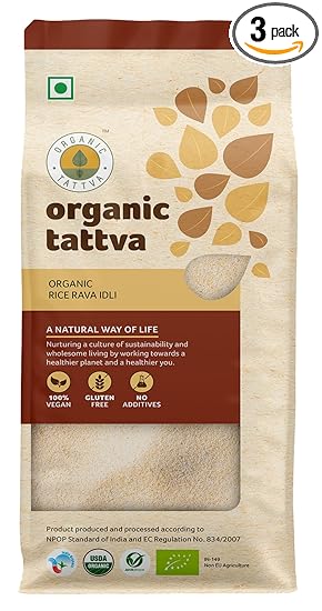 Organic Tattva, Organic Gluten Free Rice Rava Idli, 500 Gram | Enriched with Dietary Fibers & Nutrients | Pack of 3