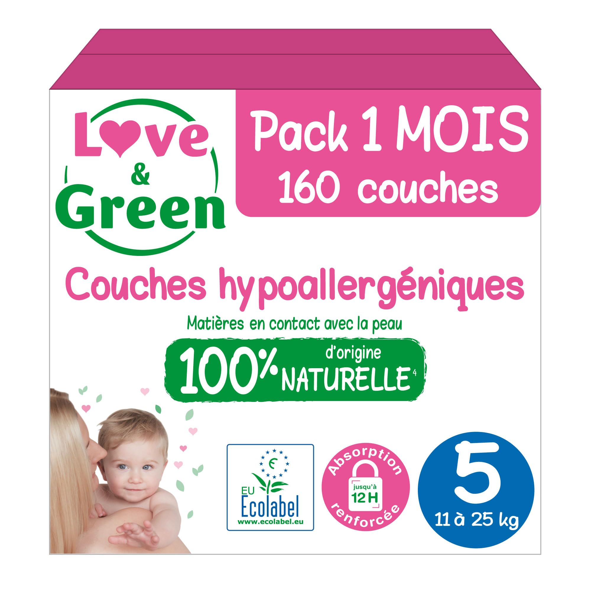 Love & Green - Couches Bébé Saines et Ecologiques - Taille 5 (11-​25 Kg) - Pack 1 Mois (160 Couches) - Absorbante, anti-​fuites et sans ingrédients indésirables