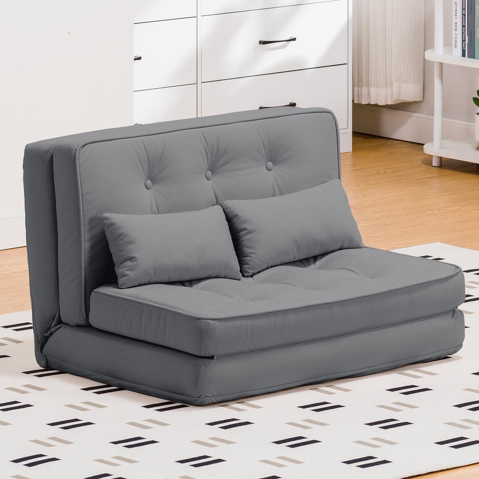 COMHOMA Folding Sofa Bed, Convertible Sleeper Chair with Pillows, Fold Out Chair Bed & Fabric Floor Couch,Foldable Mattress with Adjustable Backrest for Living Room, Guest Room, Dorm (Gray)