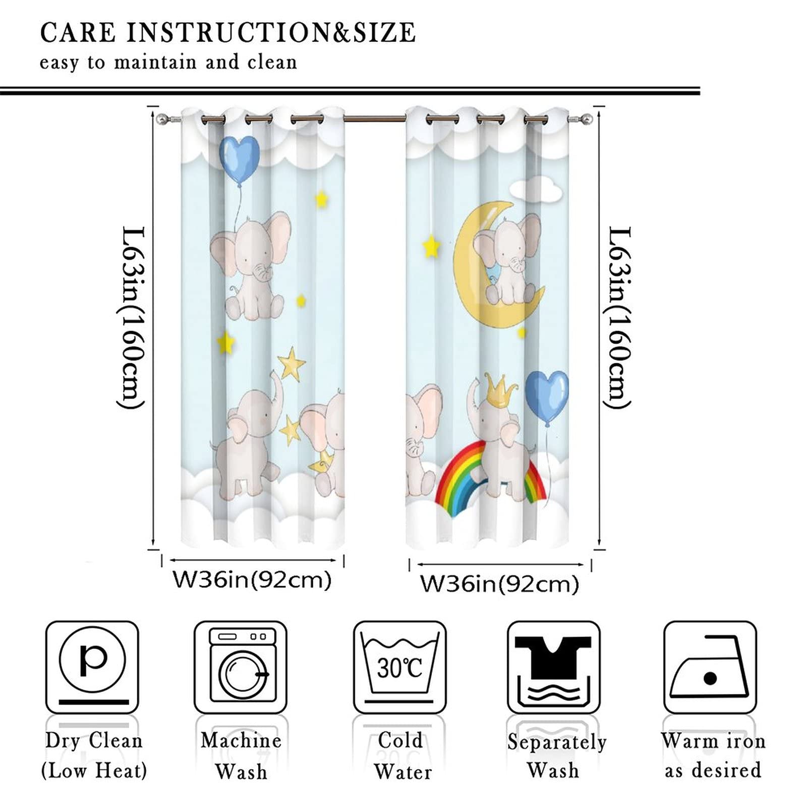 Kazynee Cute Elephant Ultra Soft Premier Blackout Curtains,Boy Girl Rainbow Cartoon Balloons ElephantThermal Insulated Bedroom Noise Reducing Patio Door Grommet Top,2 Panels 63L x 36W