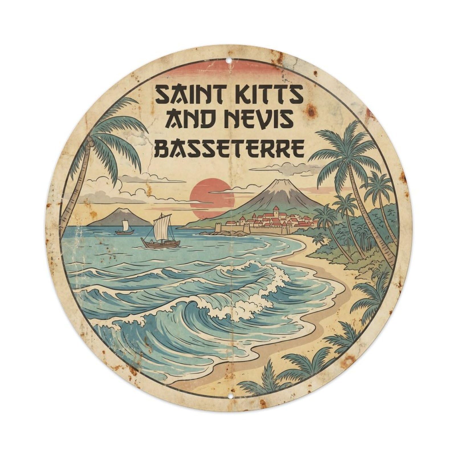 Saint Kitts And Nevis Baseterre Lagoon Travel Woodblock Metal Tin Sign