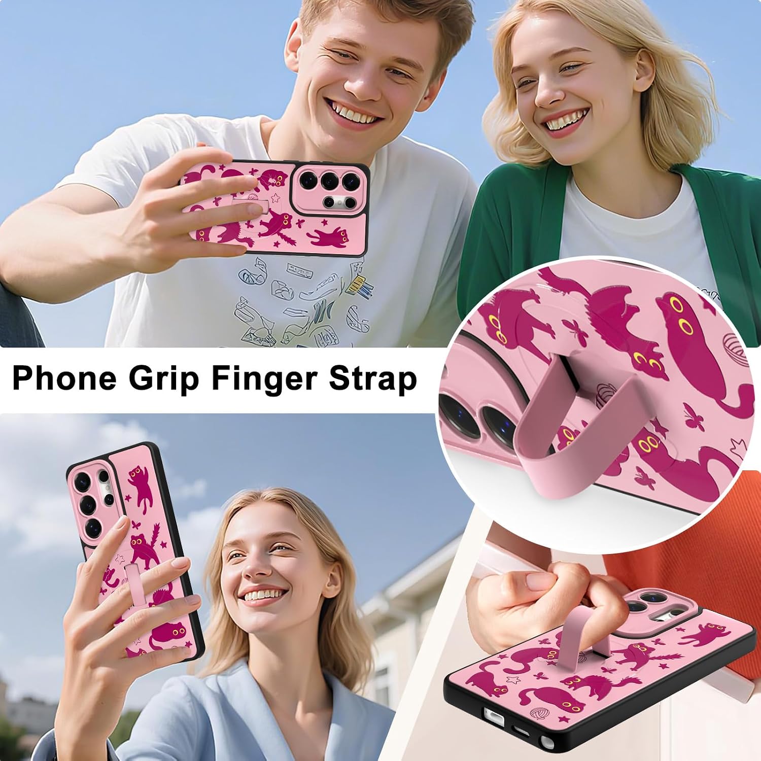 Fiyart Designed for Samsung Galaxy S26 Ultra Case,Cute Pink Cats Slim Heavy Duty with Finger Strap Kickstand Compatible with Magsafe Shockproof Magnetic Ring Phone Bumper for Women Girls 6.9"