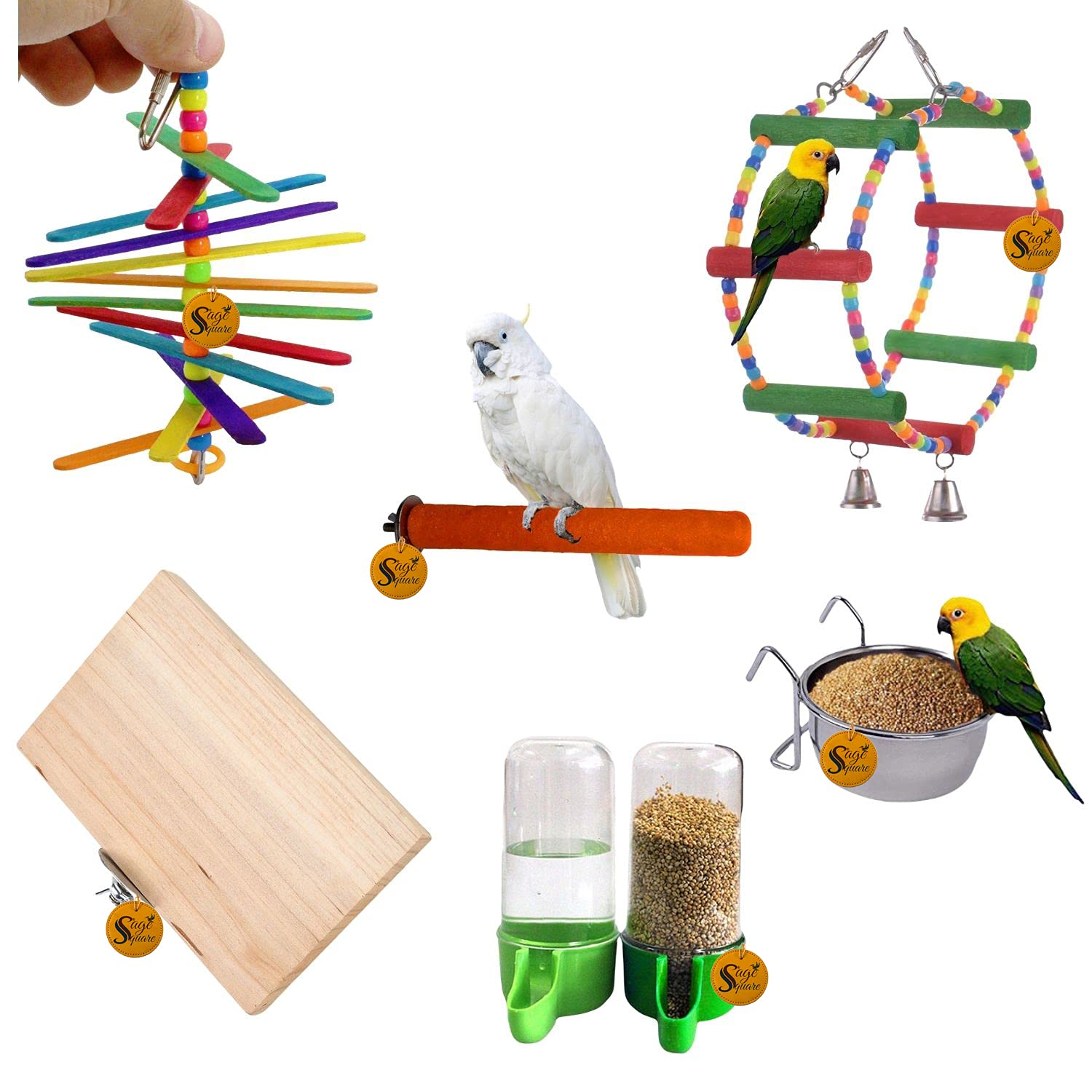 Sage Square Wooden Bird Toys Combo | Bird Feeder, Platform, Sand Perch, Wheel, Hanging Cage Accessory | for Budgie, Parrot, Cockatiel, Parakeet, Conure, Macaw etc (B092Q4P9T3) Amazon Price History, Amazon Price Tracker