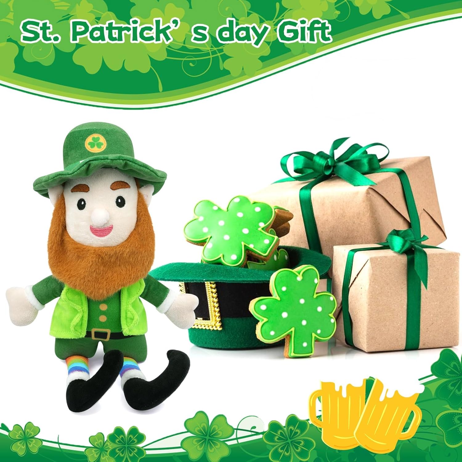 Leprechaun Plush Doll,St Patricks Day Stuffed Animal,St Patrick's Day Elf Plush with Hat,St.Patrick's Day Accessories Home Decorations Gifts for Kids Boys Girls