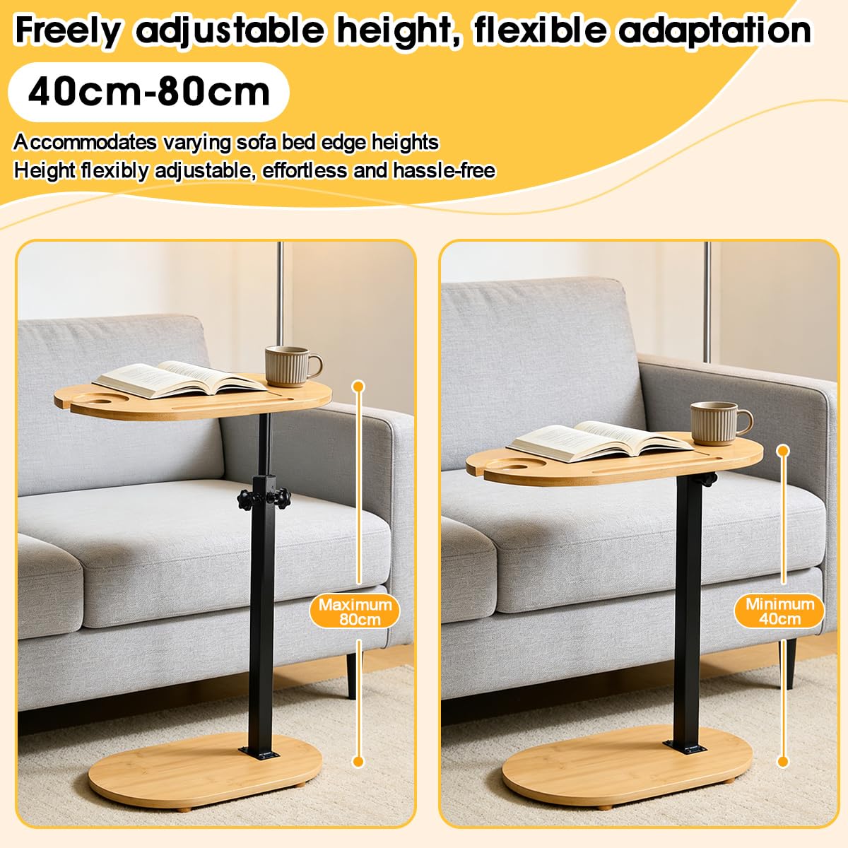 Tavolino Laterale a Forma di C Regolabile in Altezza 40-80cm,Tavolino Laterale da Divano Girevole a 360° per Soggiorno, Bagno o Camera da Letto (40 cm x 22 cm)
