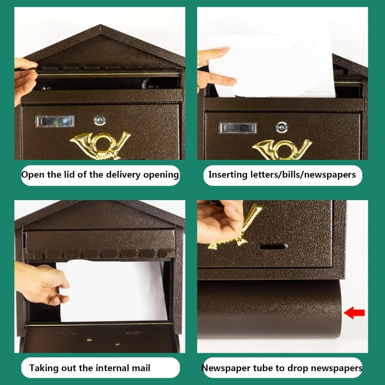IDEAX Villa Outdoor Mailbox Creative Letter Box Lockable Secure Metal Postbox Rainproof Wall Mounted Newspaper Letters Box European Garden Ornament for House