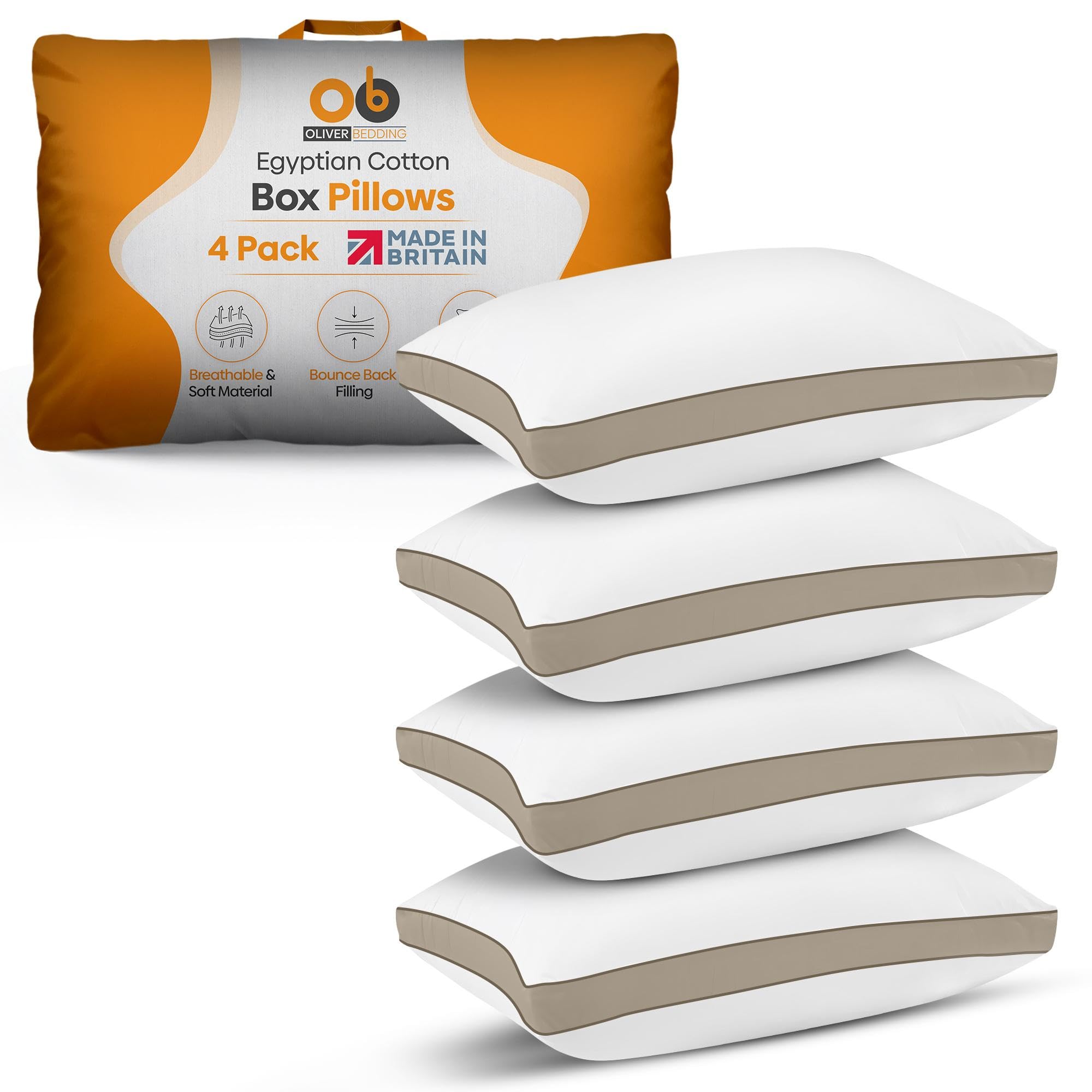Oliver Bedding Egyptian Cotton Box Pillows Hotel Quality Pillows for Back Stomach and Side Sleepers Down Alternative Filling Bed Pillow Hypoallergenic Breathable Washable Cover (Beige, Pack of 4)
