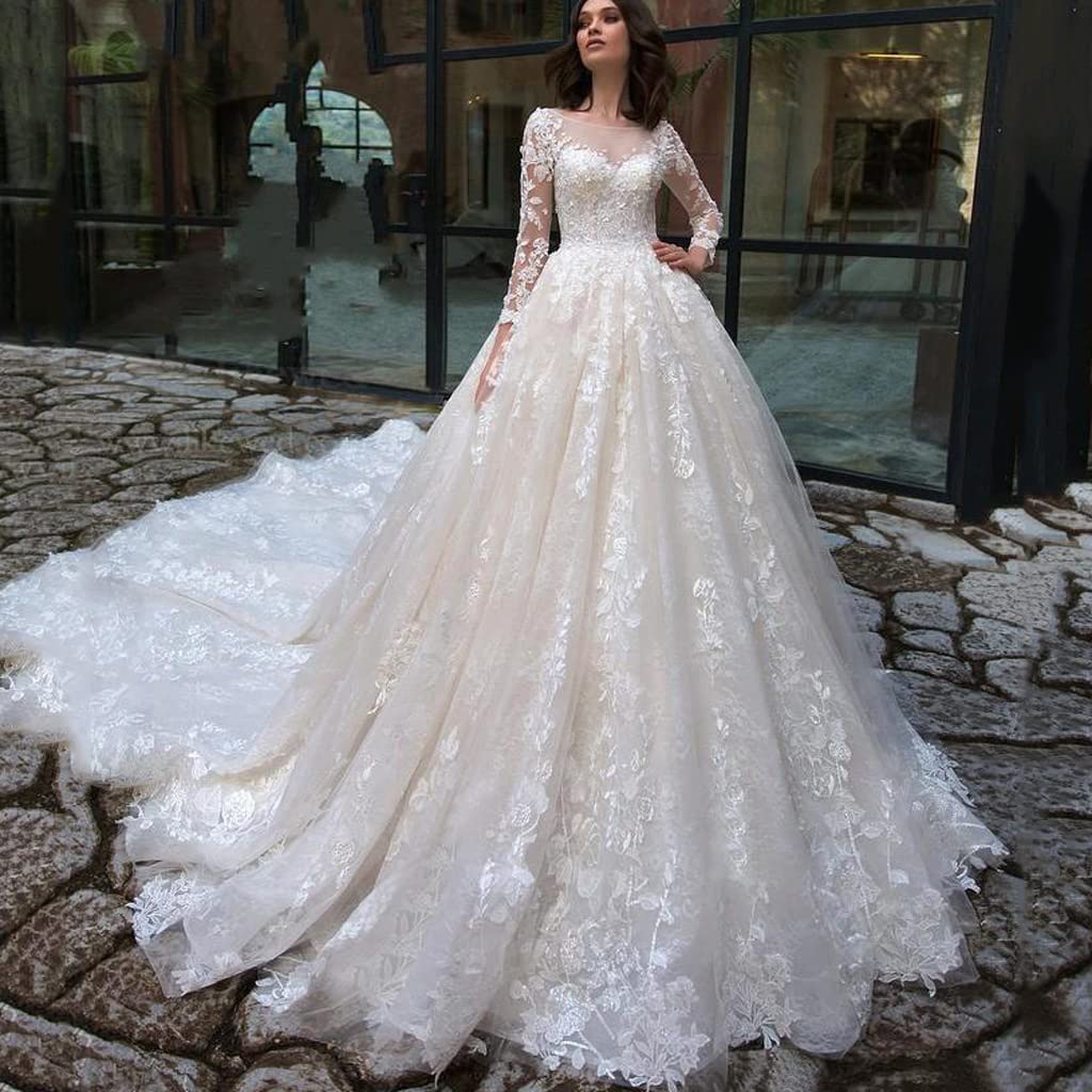 Abiti da Sposa con Manica Lunga Ricamati in Pizzo, Abiti da Sposa in Pizzo Francese Abiti da Sera Personalizzati da Donna Plus Size Bianco White 42