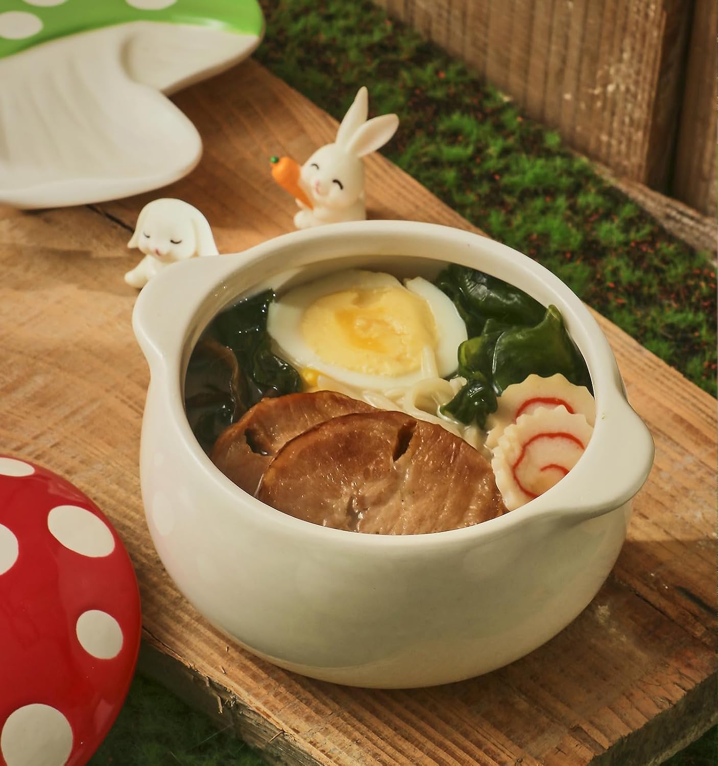 Cute Ceramic Mushroom Bowl with Lid, 12oz Funny Soup Bowl for Salad,Pasta, Cereal, Fruit, Dessert, Novelty Handpainted Double Eared Bowl for Kitchen. (Red)