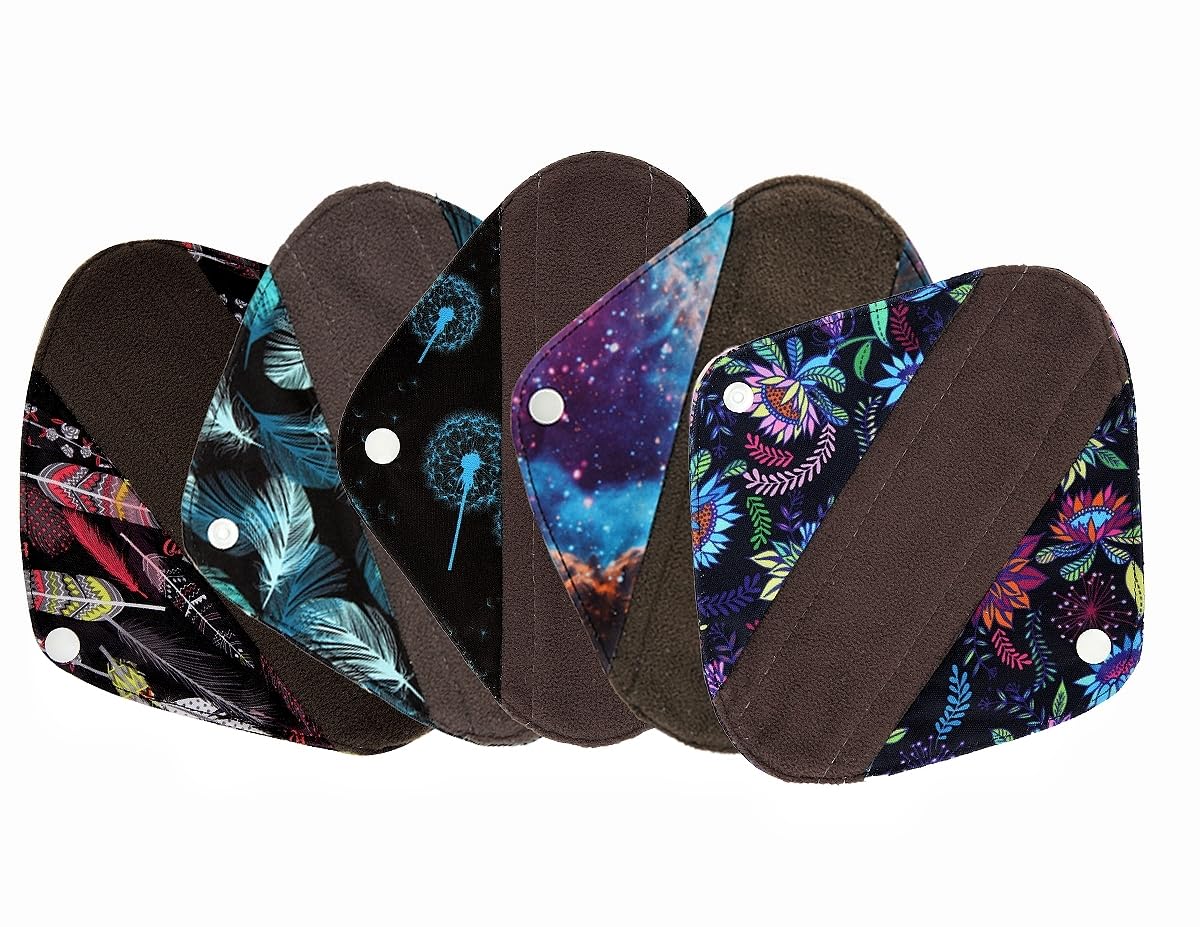 Hibaby 5 Pieces Charcoal Bamboo Mama Cloth/ Menstrual Pads/ Reusable Sanitary Pads (Pantyliner (8 inch), Colorful Elephant)