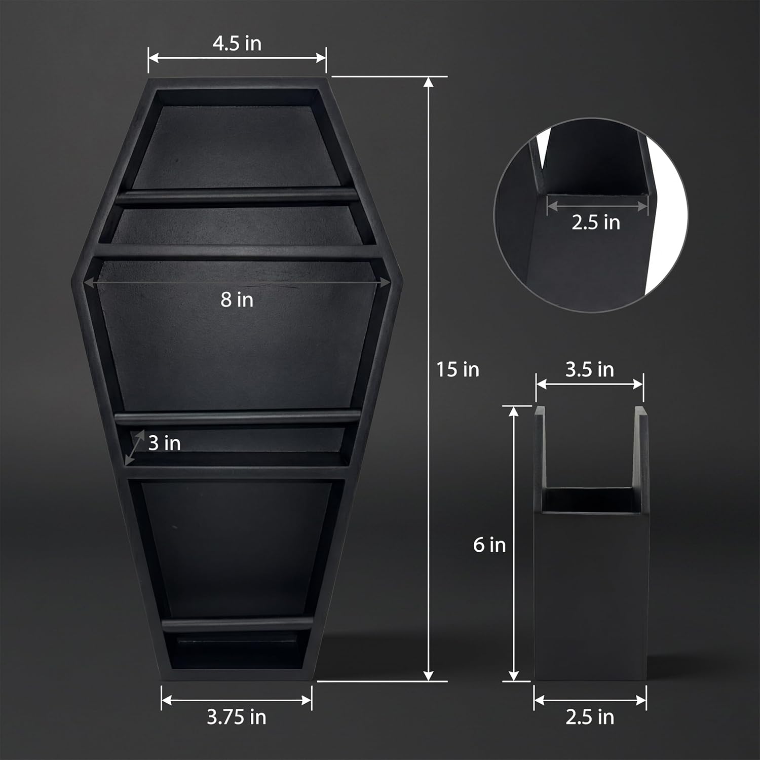 MANNY'S MYSTERIOUS ODDITIES Coffin Shelf Gothic Makeup Organizer Set with Brush Holder & Gift Box, Gothic Decor Accent for Glam Vanity or Spooky Gifts Display - 15 Inches by 8 Inches