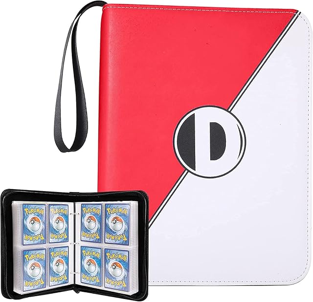 Folder for Pokemon Cards with Removable Sleeves, 400 Pockets Card Binder Holder Book for Pokémon Trading Cards, 50 Pcs 4-Pocket Pages, Card Collector Album with Zipper & Handle ( Red & White )