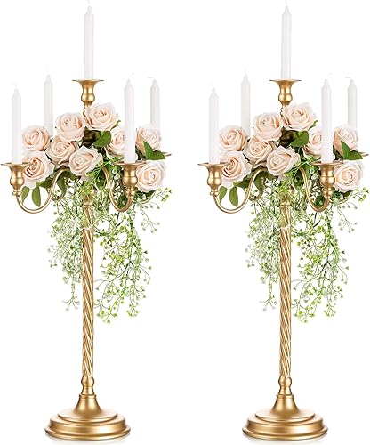 Miniatura 1 de Sziqiqi Candelabro alto de 28 pulgadas para velas y portavelas de metal floral, centro de mesa para bodas, fiestas, salas de eventos