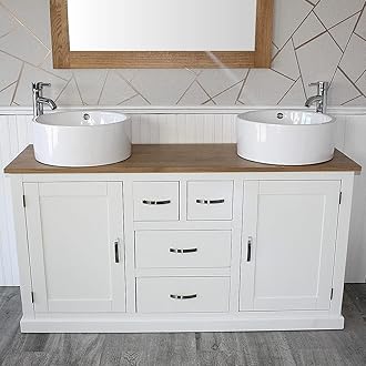 Wooden Bathroom Vanity Unit with 2 Ceramic Basins - Modern Bathroom Sink Cabinet with Drawers - Double Vanity Unit with Chromed Mixer Taps - White Painted - Straight Sided Bowl (603PCB026X2)