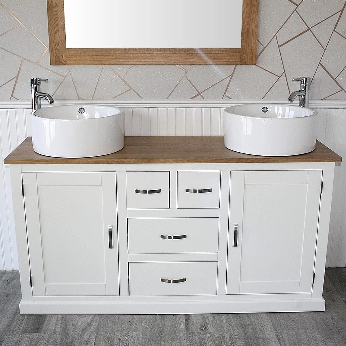 Wooden Bathroom Vanity Unit with 2 Ceramic Basins - Modern Bathroom Sink Cabinet with Drawers - Double Vanity Unit with Chromed Mixer Taps - White Painted - Straight Sided Bowl (603PCB026X2)