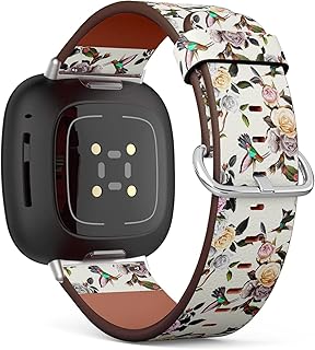 CJBROES Replacement Leather Watch Band, Compatible with Fitbit Versa 3 and Fitbit Sense of Wristband Bracelet Accessory - Humming Bird Roses Peony Leaves