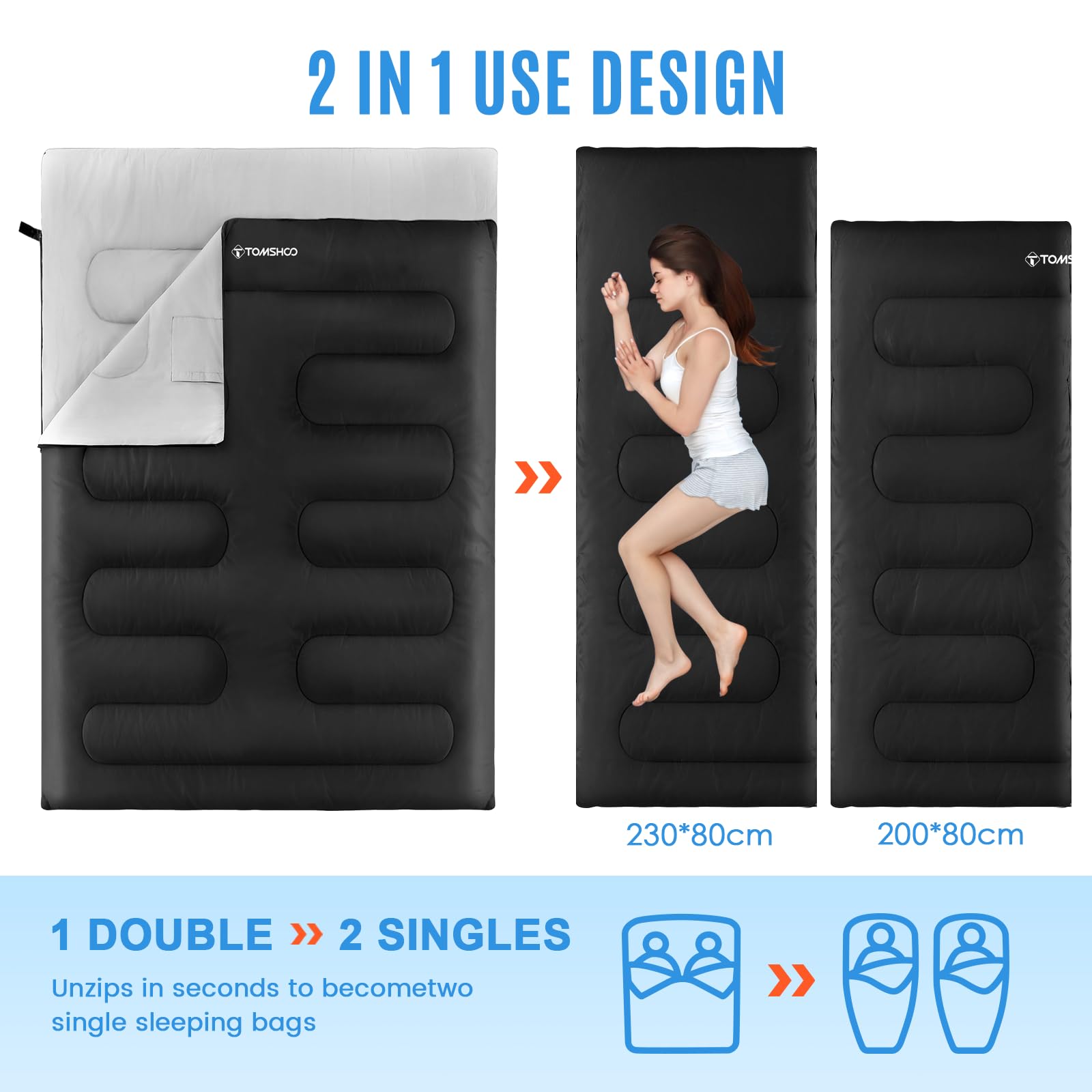 Amazon.co.jp: TOMSHOO ダブル寝袋、枕2個付き シュラフ 封筒型