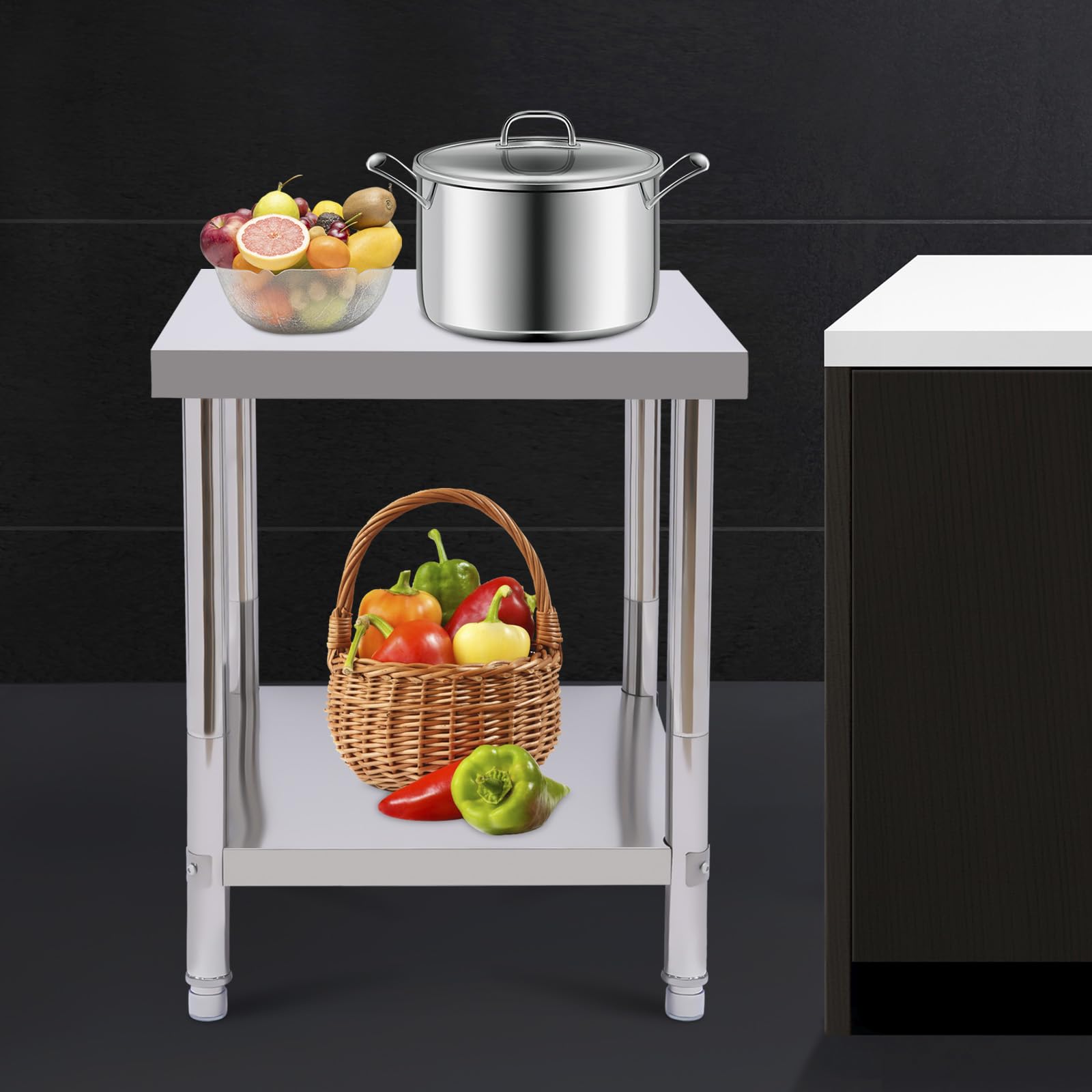 Dwupoziomowy stół warsztatowy ze stali nierdzewnej 201, z nóżkami, 60 x 45 x 80, stół warsztatowy ze stali nierdzewnej, do restauracji, użytku domowego, przygotowywania żywności, stołu warsztatowego,