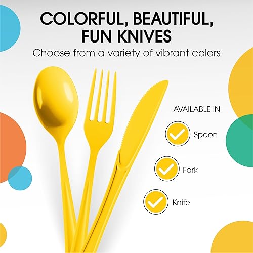 Miniatura 3 de Exquisite Cuchillos desechables de plástico amarillos, 100 piezas, cubiertos desechables de plástico amarillo resistente, cubiertos desechables