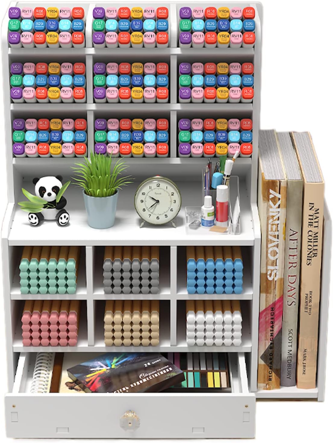 Organiseur De Bureau Métallique à 6 Compartiments Avec Tiroir - Violet, Rangement Stylos, Fournitures, Maquillage
