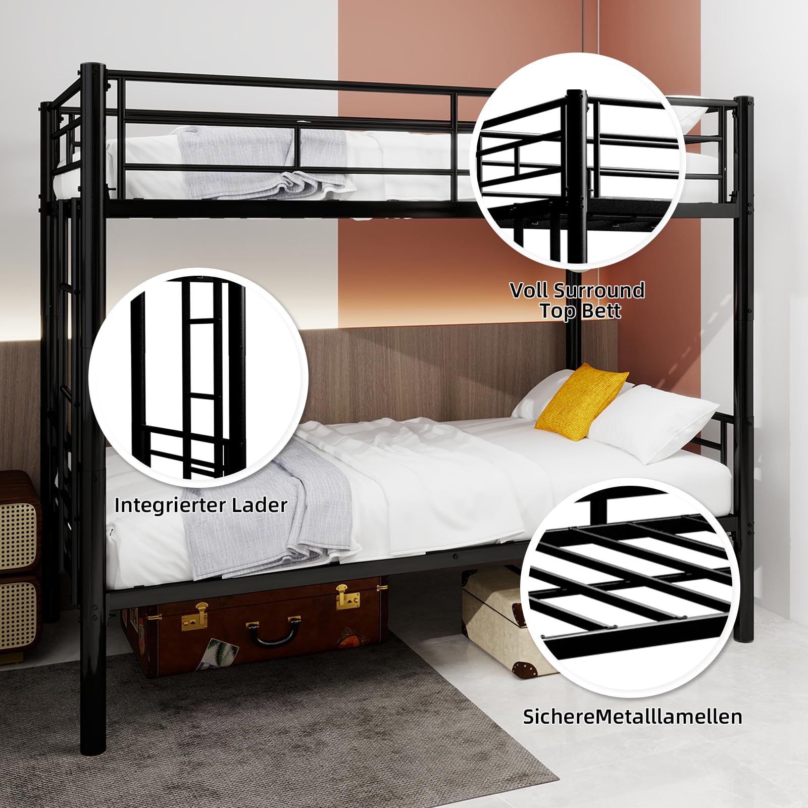 Kinder Hochbett, Metall Etagenbett, Heavy Duty Metallbett Rahmen, etagenbett Twin Over Full mit Leiter & Full-Länge Geländer für Jugendliche Erwachsene, Lärm frei (Schwarz A, 90x190CM)