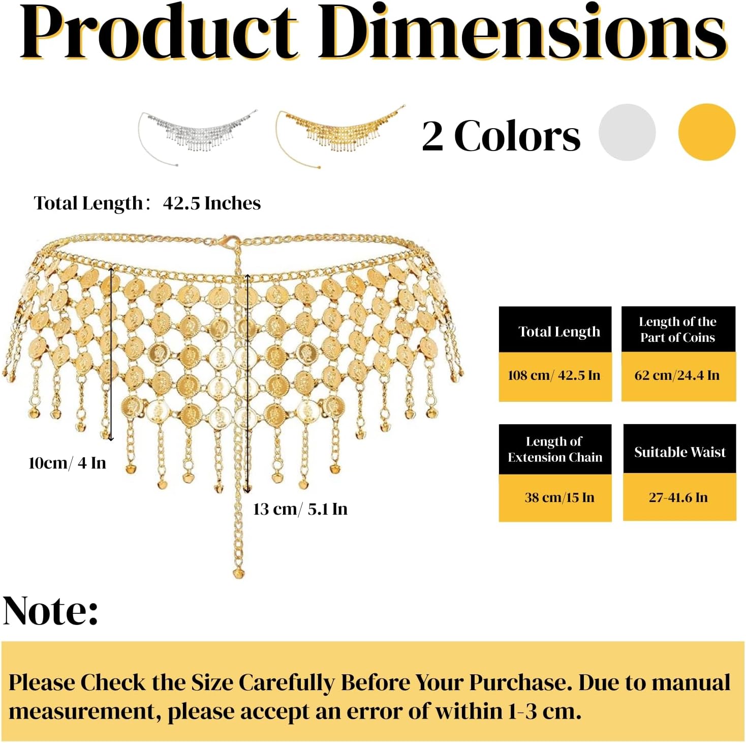 Eorbow 2 Pack Belly Dance Hip Scarf Belt, Dangling Coins Bellys Dancing Skirt, Belly Dancer Bottoms Halloween Costume Accessory for Women, Music Festival, Gold and Silver, 32 Short - Image 2